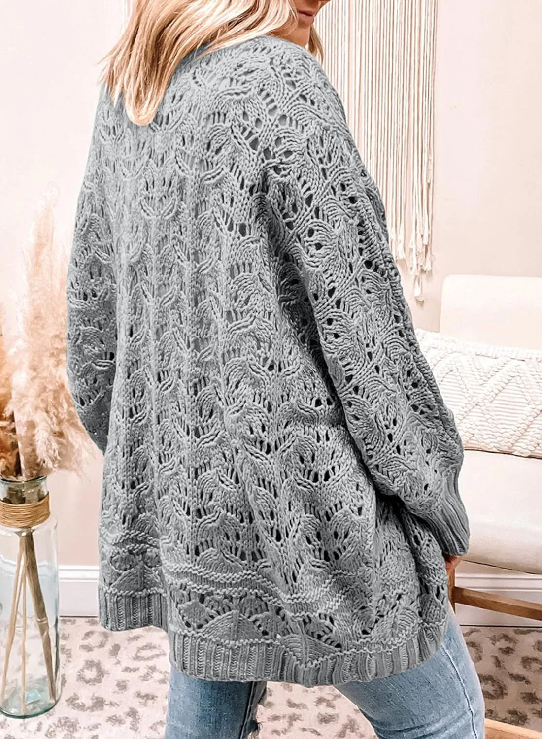 Eytino Womens Plus Size Crochet Cardigan Sweater Long Sleeve Hollow Out Open Front Cardigans Outwear(1X-5X)