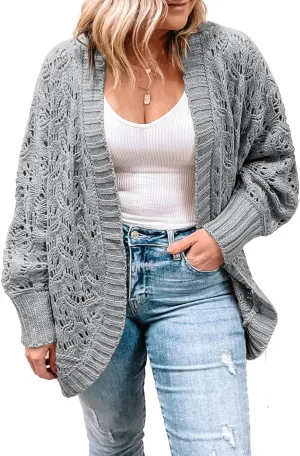 Eytino Womens Plus Size Crochet Cardigan Sweater Long Sleeve Hollow Out Open Front Cardigans Outwear(1X-5X)
