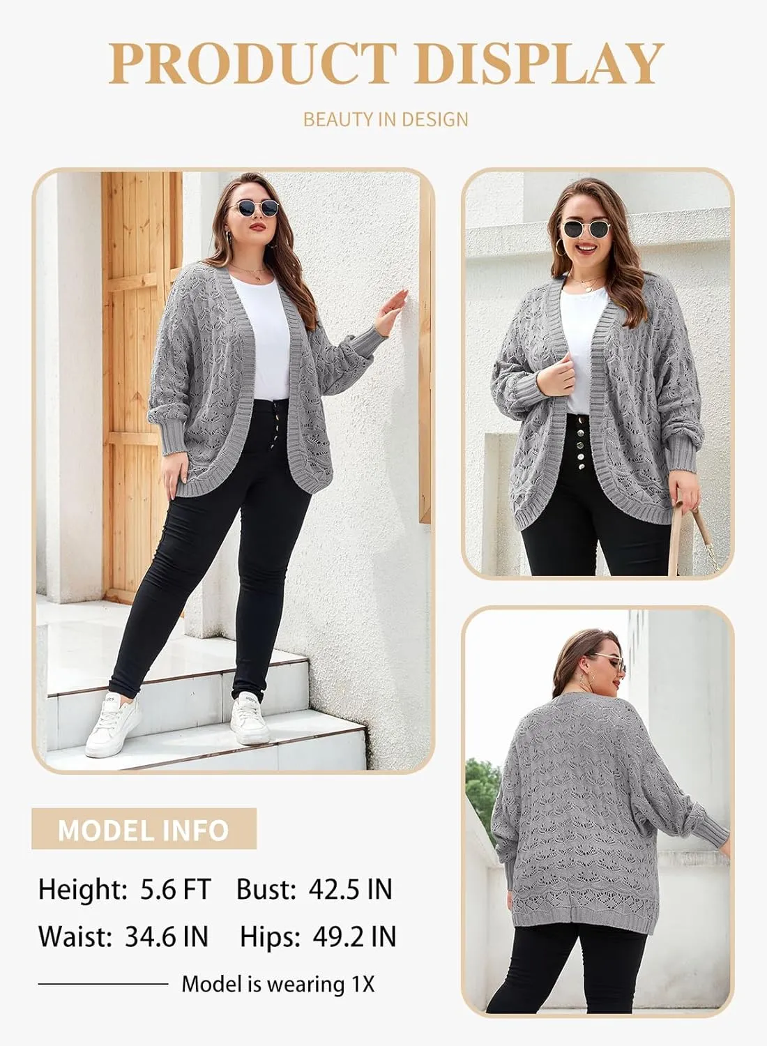 Eytino Womens Plus Size Crochet Cardigan Sweater Long Sleeve Hollow Out Open Front Cardigans Outwear(1X-5X)