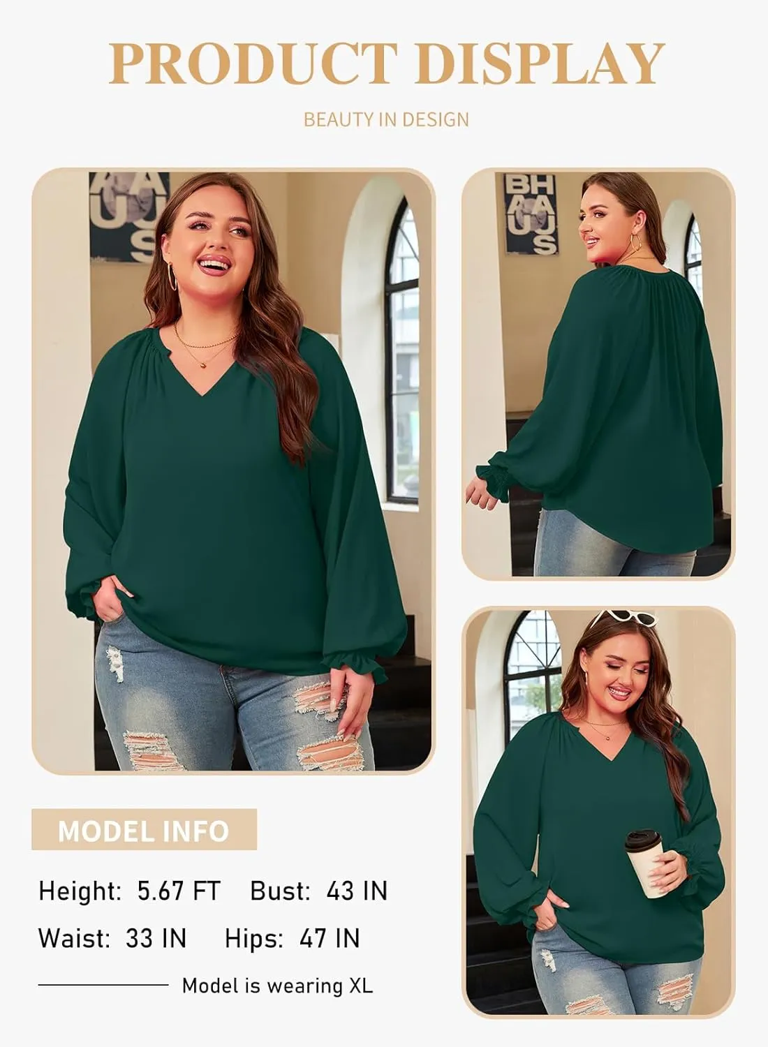 Eytino Womens Plus Size Tops Sexy V Neck Smocked Long Sleeve Casual Chiffon Blouse Flowy Work Shirts(1X-5X)
