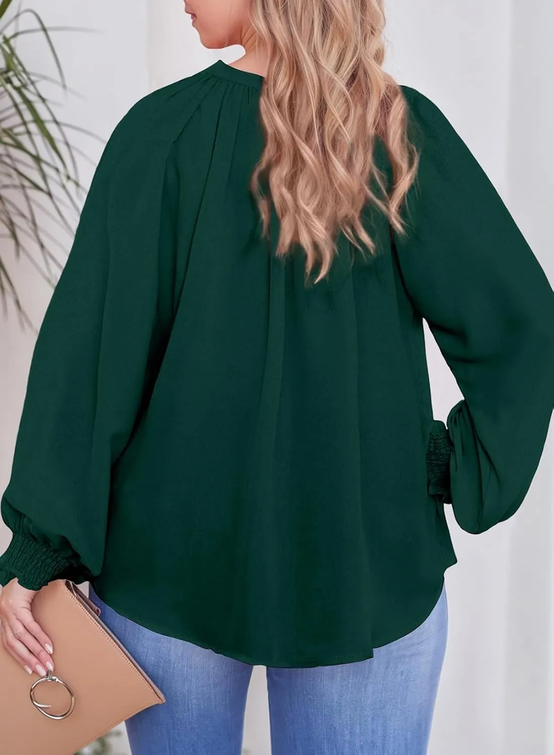 Eytino Womens Plus Size Tops Sexy V Neck Smocked Long Sleeve Casual Chiffon Blouse Flowy Work Shirts(1X-5X)