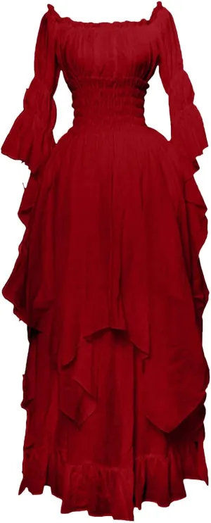 Fall Dresses for Women 2024 Off Shoulder Smocked Empire Waist Bell Sleeve Vintage Ruffle Plus Size Cosplay Maxi Dress
