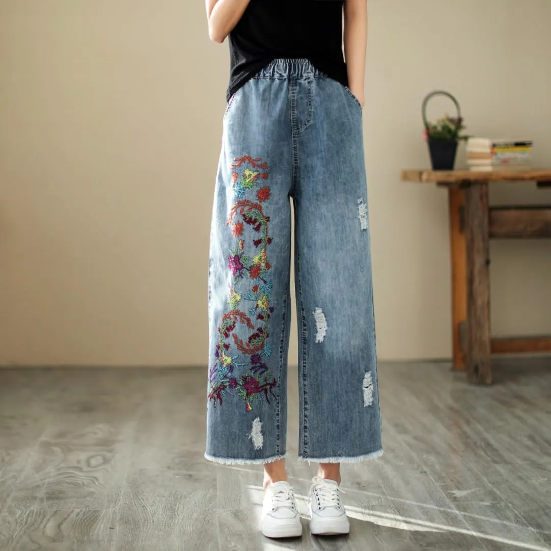 Fashion Spring Summer Ladies Ripped Loose Jeans Women Casual Embroidery Elastic Wide-Leg Denim Trousers