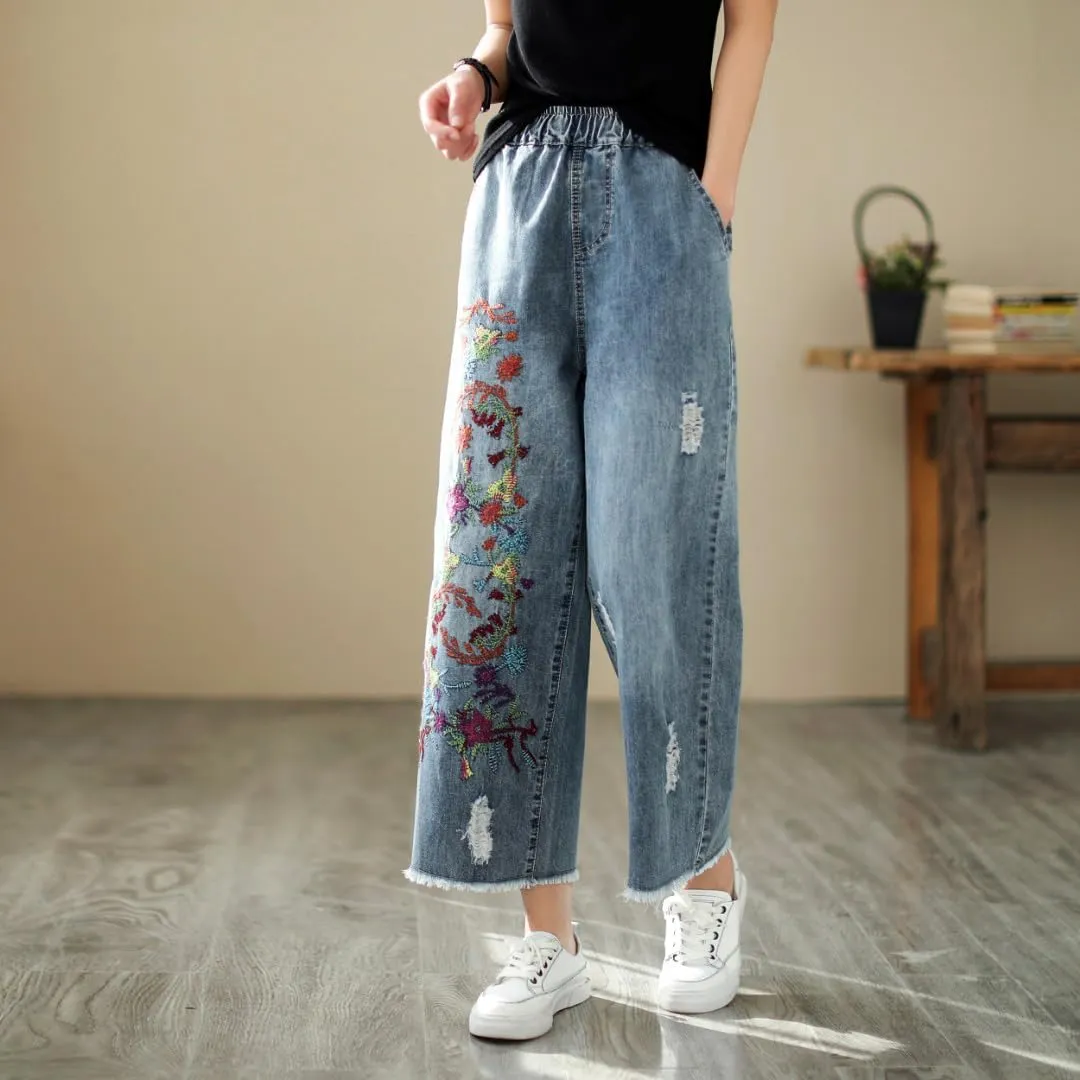Fashion Spring Summer Ladies Ripped Loose Jeans Women Casual Embroidery Elastic Wide-Leg Denim Trousers