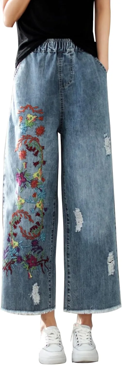 Fashion Spring Summer Ladies Ripped Loose Jeans Women Casual Embroidery Elastic Wide-Leg Denim Trousers