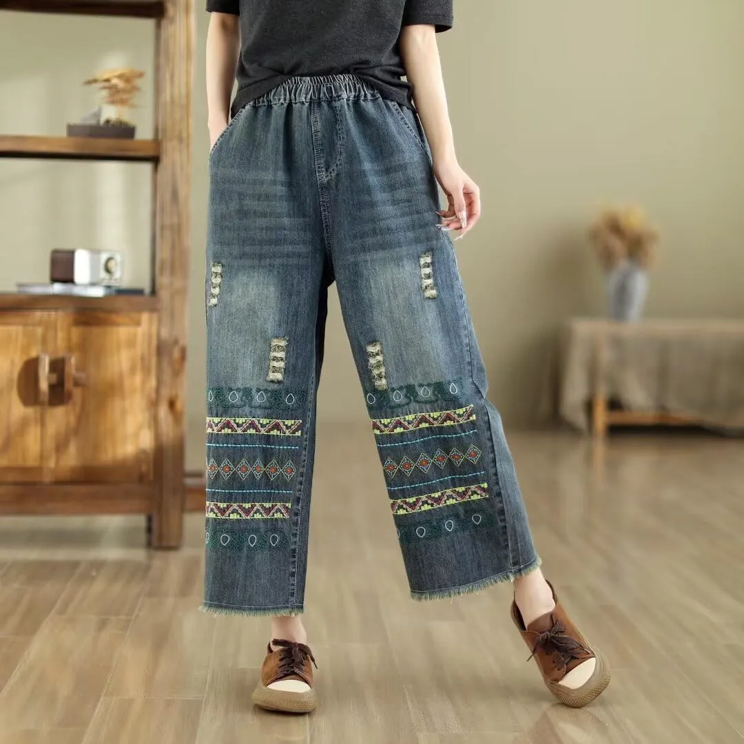 Fashion Spring Summer Ladies Ripped Loose Jeans Women Casual Embroidery Elastic Wide-Leg Denim Trousers