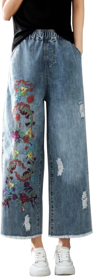 Fashion Spring Summer Ladies Ripped Loose Jeans Women Casual Embroidery Elastic Wide-Leg Denim Trousers