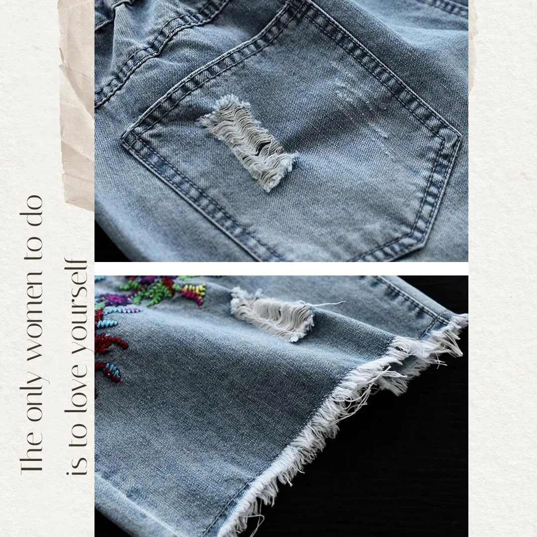 Fashion Spring Summer Ladies Ripped Loose Jeans Women Casual Embroidery Elastic Wide-Leg Denim Trousers