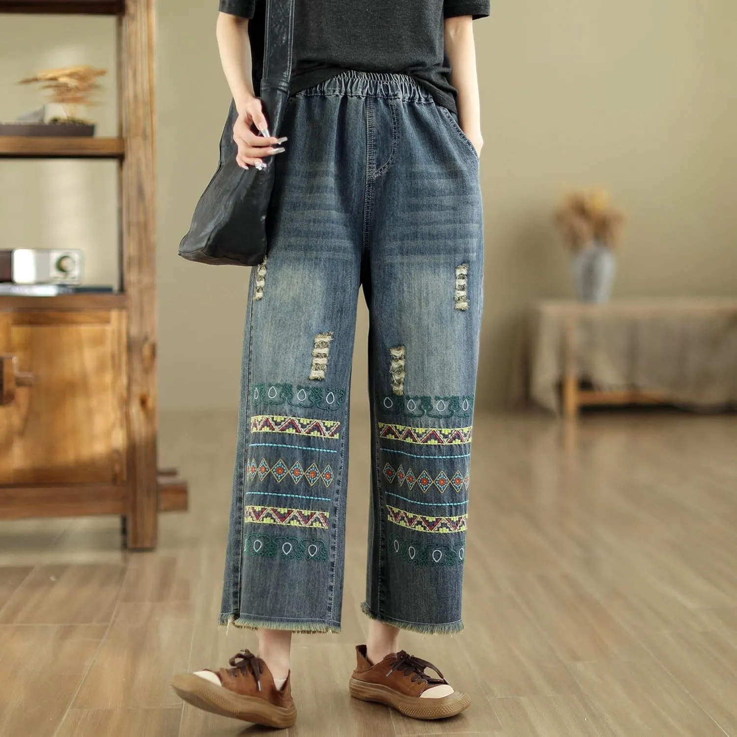 Fashion Spring Summer Ladies Ripped Loose Jeans Women Casual Embroidery Elastic Wide-Leg Denim Trousers