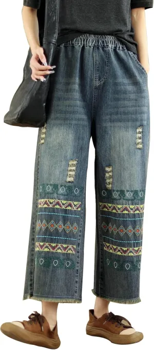 Fashion Spring Summer Ladies Ripped Loose Jeans Women Casual Embroidery Elastic Wide-Leg Denim Trousers