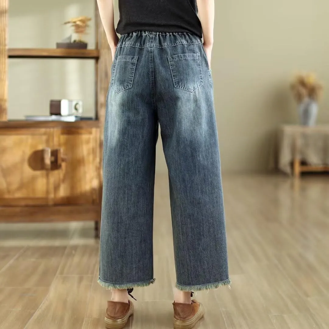 Fashion Spring Summer Ladies Ripped Loose Jeans Women Casual Embroidery Elastic Wide-Leg Denim Trousers