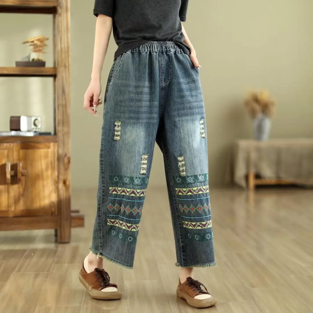 Fashion Spring Summer Ladies Ripped Loose Jeans Women Casual Embroidery Elastic Wide-Leg Denim Trousers