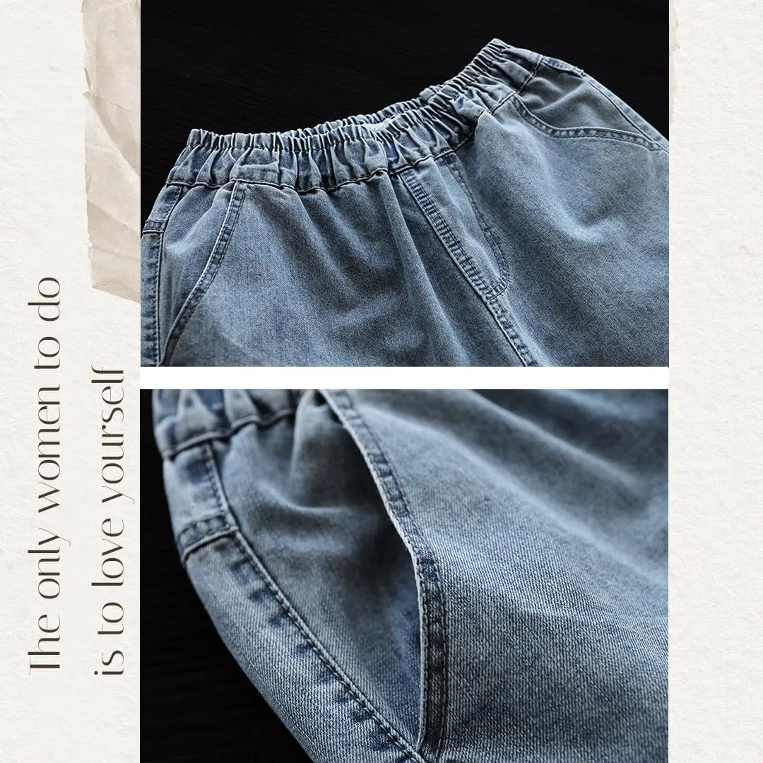 Fashion Spring Summer Ladies Ripped Loose Jeans Women Casual Embroidery Elastic Wide-Leg Denim Trousers