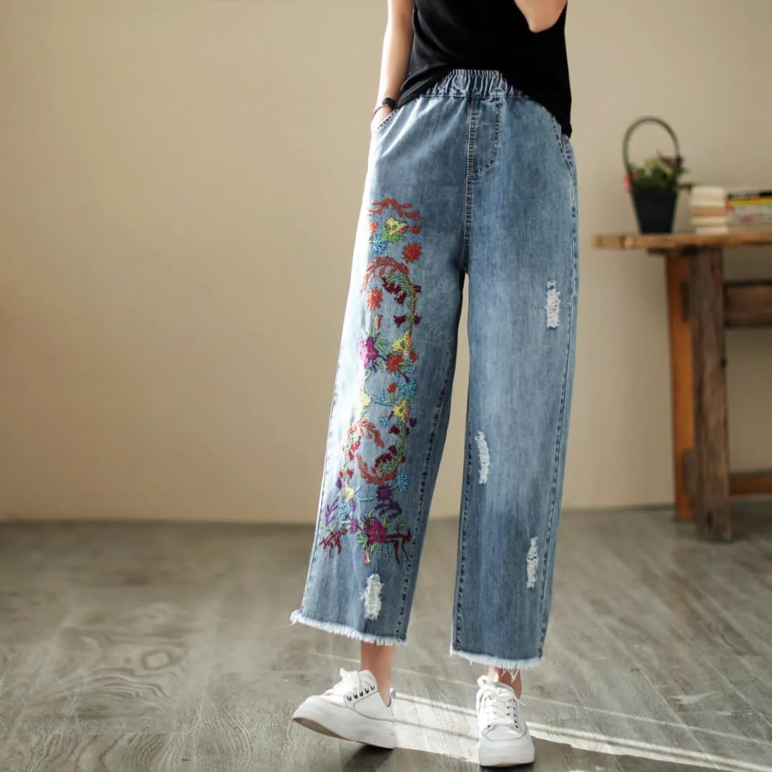 Fashion Spring Summer Ladies Ripped Loose Jeans Women Casual Embroidery Elastic Wide-Leg Denim Trousers