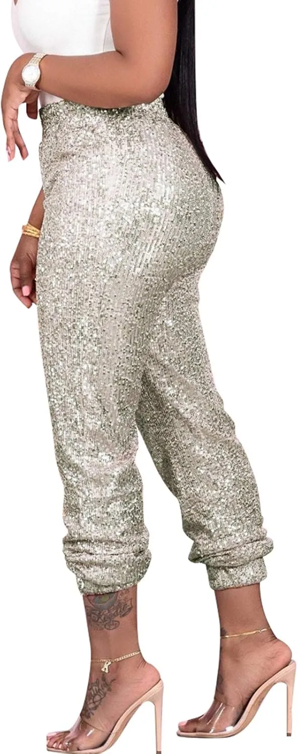 Fawjsais Women Sexy Glitter Sequin Pants High Waist Leggings Evening Party Clubwear