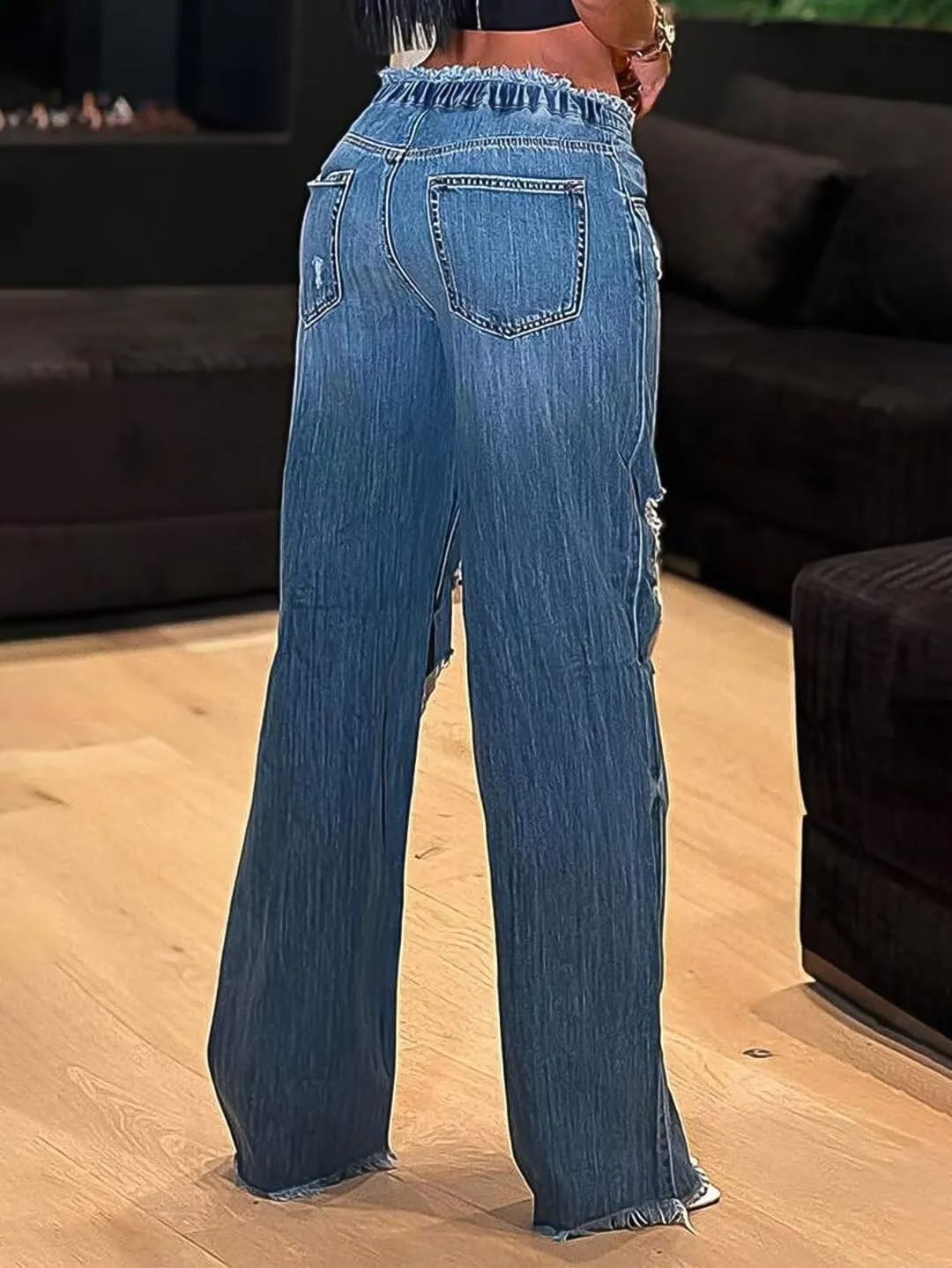 Flamingals Women's Low Waist Baggy Jeans Wide Leg Ripped Cut Out Y2K Straight Leg Denim Jeans