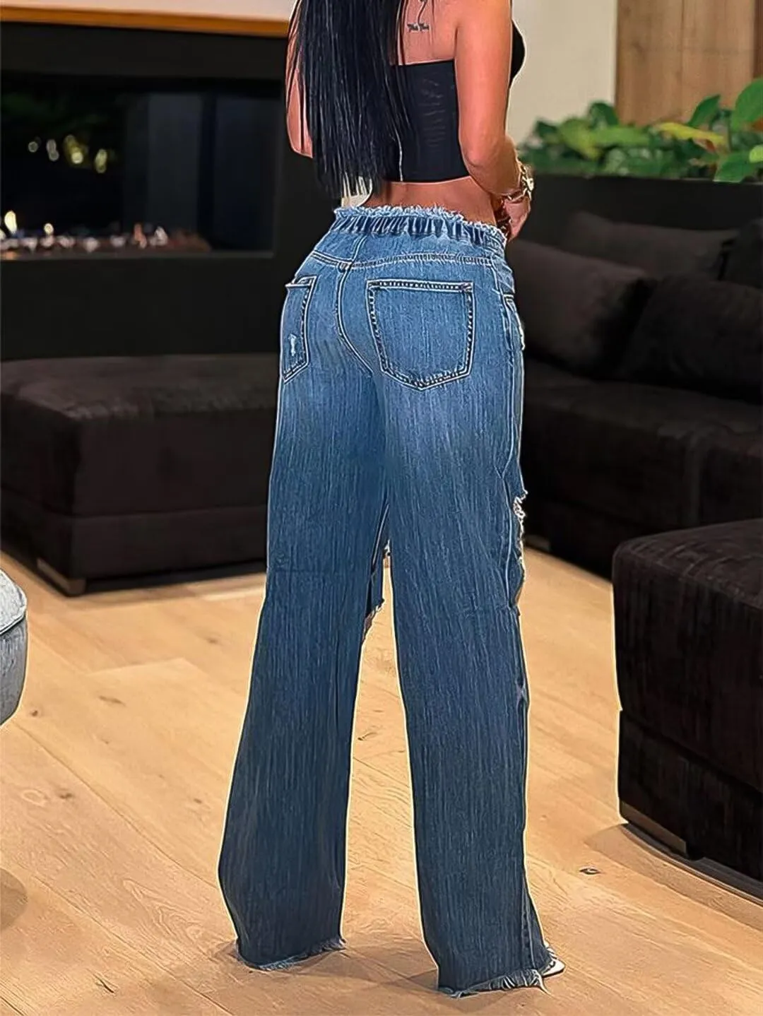 Flamingals Women's Low Waist Baggy Jeans Wide Leg Ripped Cut Out Y2K Straight Leg Denim Jeans