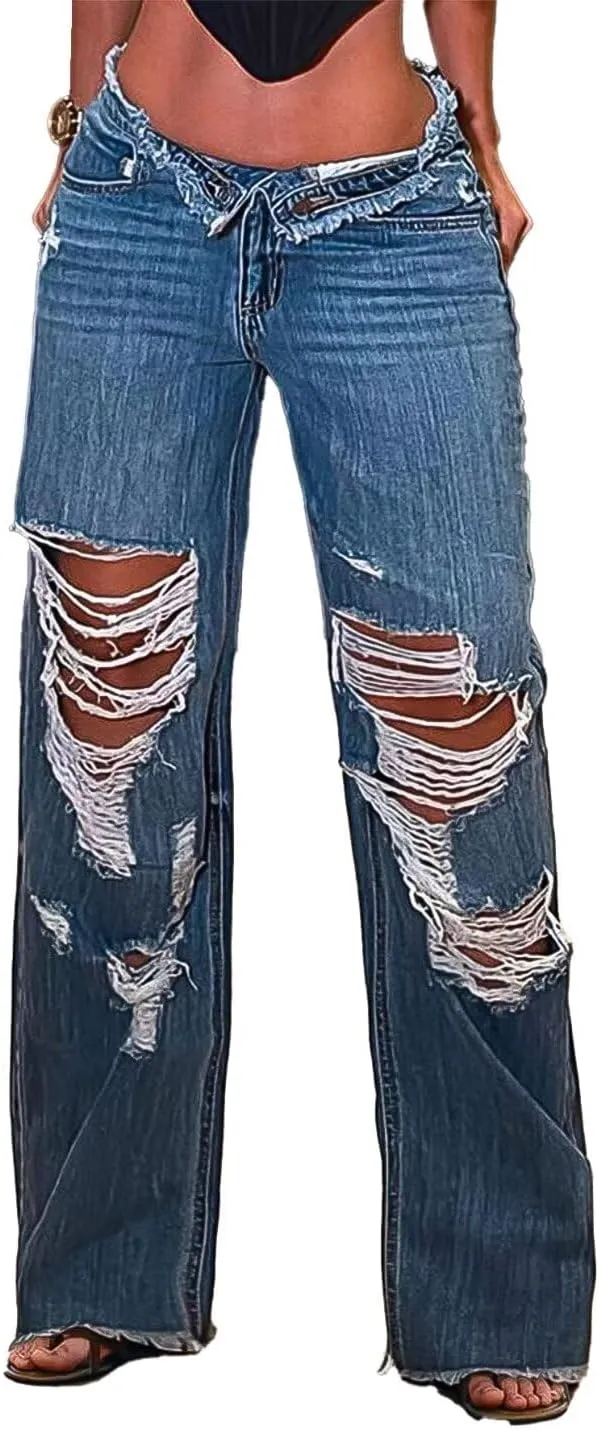 Flamingals Women's Low Waist Baggy Jeans Wide Leg Ripped Cut Out Y2K Straight Leg Denim Jeans