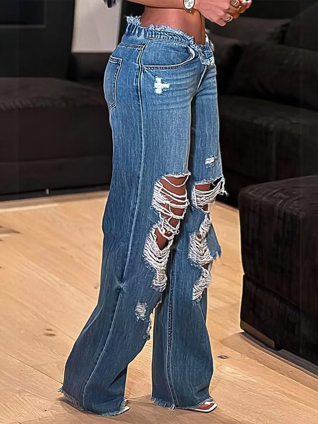 Flamingals Women's Low Waist Baggy Jeans Wide Leg Ripped Cut Out Y2K Straight Leg Denim Jeans