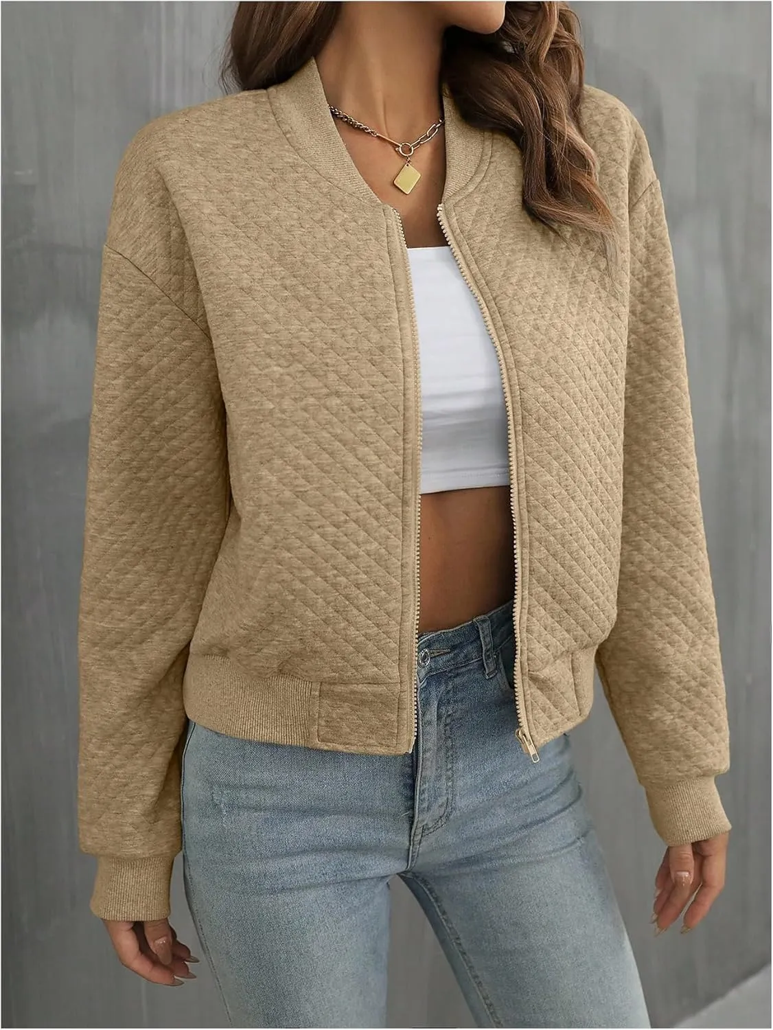 Floerns Women's Plaid Print Zip Up Bomber Jacket Casual Long Sleeve Coat Outwear