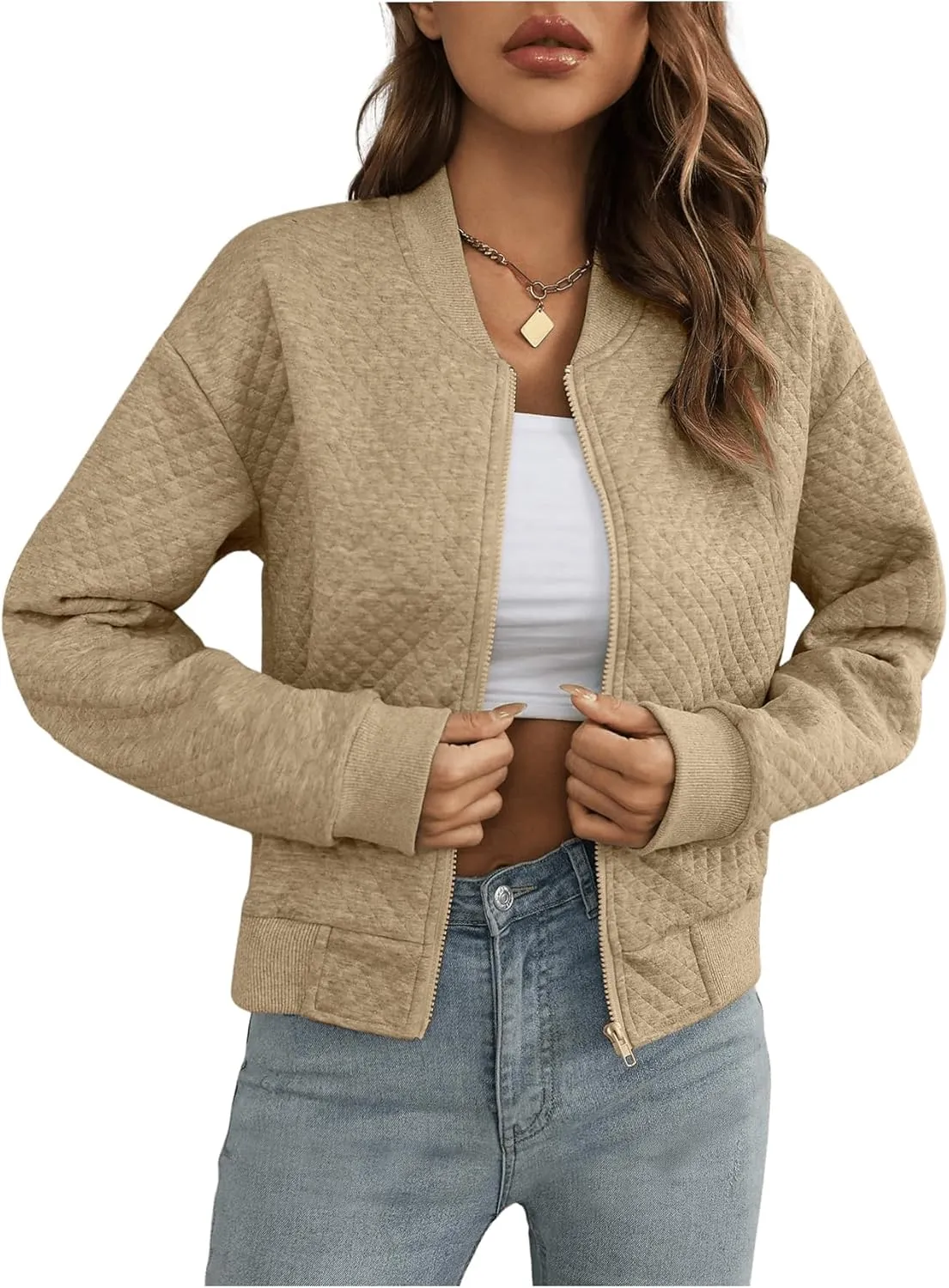 Floerns Women's Plaid Print Zip Up Bomber Jacket Casual Long Sleeve Coat Outwear