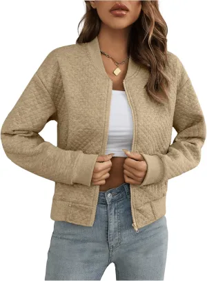 Floerns Women's Plaid Print Zip Up Bomber Jacket Casual Long Sleeve Coat Outwear