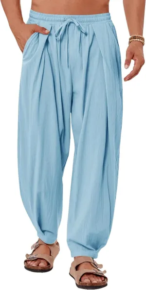 Gafeng Mens Linen Yoga Pants Elastic Waist Drawstring Summer Beach Loose Fit Casual Tapered Trousers