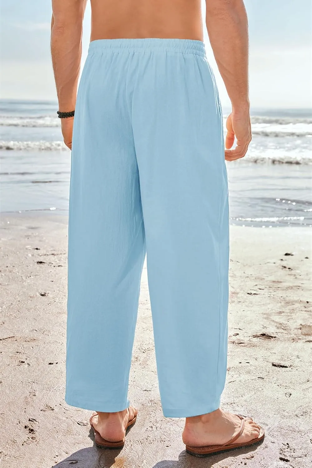 Gafeng Mens Linen Yoga Pants Elastic Waist Drawstring Summer Beach Loose Fit Casual Tapered Trousers