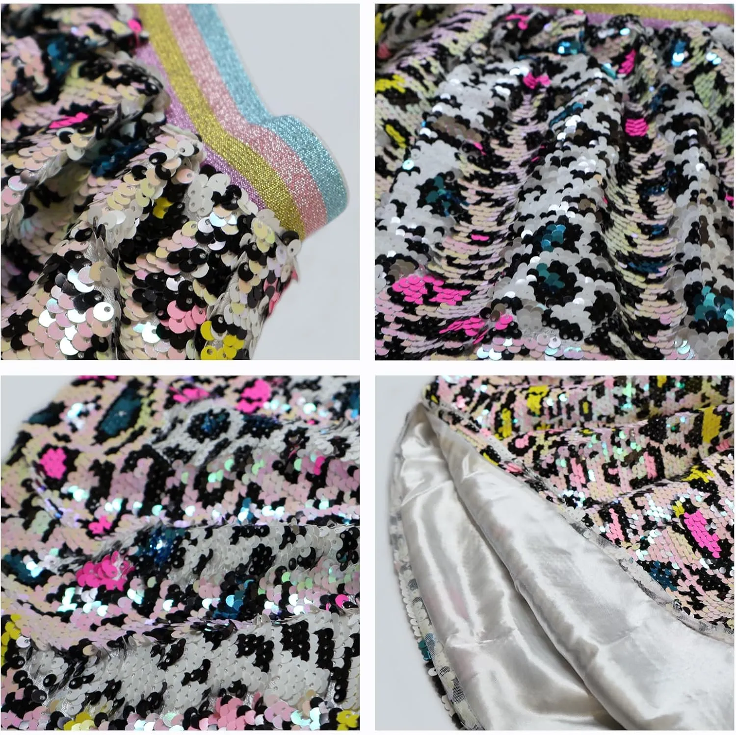 Girls Light Iridescent Leopard Pink Flip Sequin Skirt with Rainbow Metallic Thread Elastic Waistband