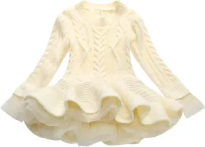 Girls Ribbed Knit Sweaters Dress Long Sleeve Vintage Cable Mini Dress Lace Patchwork Multi Swing Princess Dresses