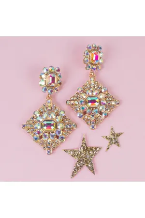 Glamorous Gold AB Rhinestone Drop Medallion Dangle Earring