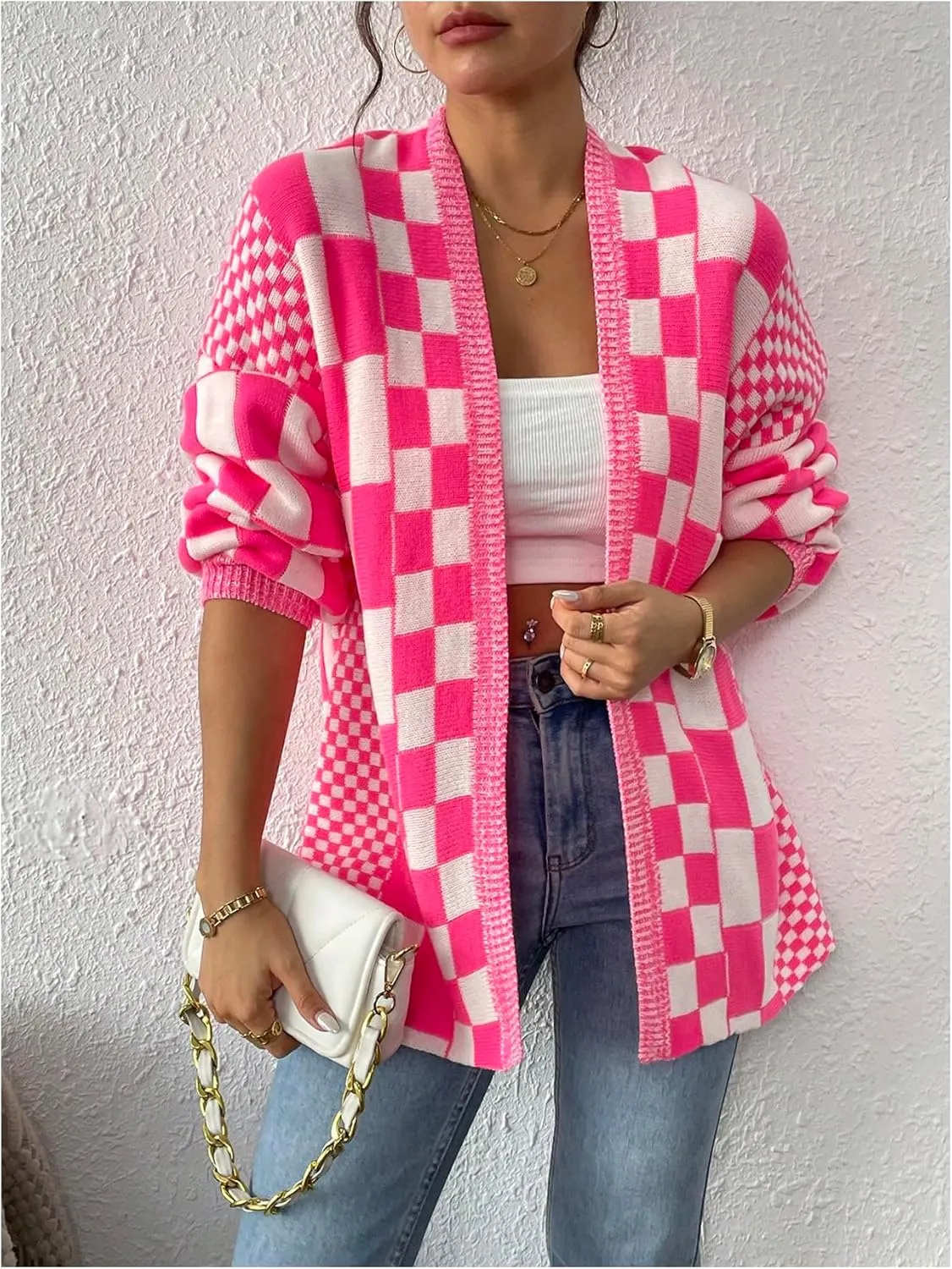 GORGLITTER Women's Checkered Oversized Cardigan Sweater Long Sleeve Open Front Knit Cardigans Outwear
