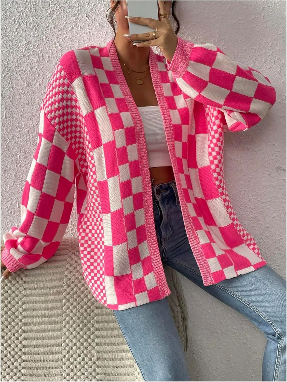 GORGLITTER Women's Checkered Oversized Cardigan Sweater Long Sleeve Open Front Knit Cardigans Outwear