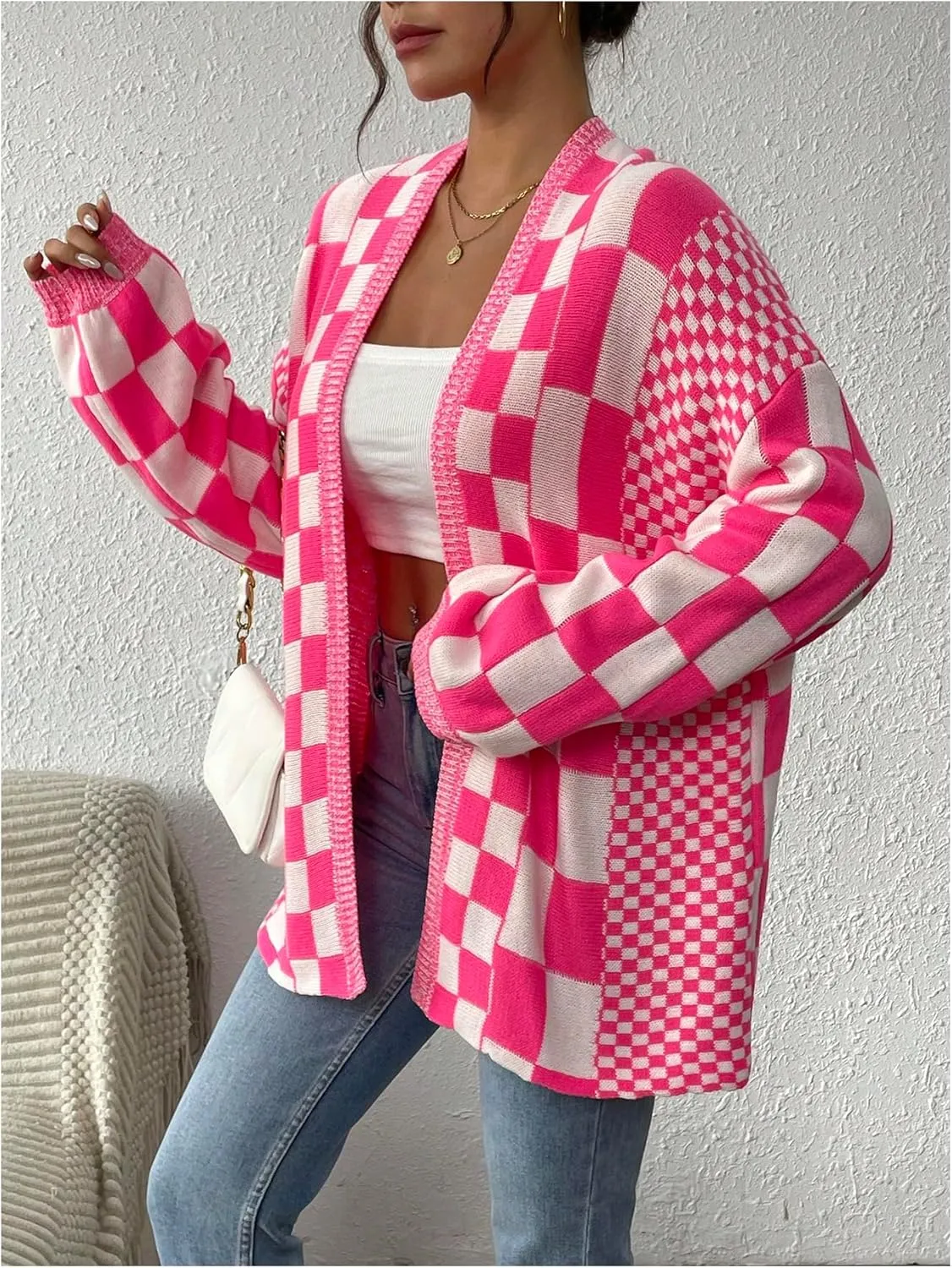 GORGLITTER Women's Checkered Oversized Cardigan Sweater Long Sleeve Open Front Knit Cardigans Outwear