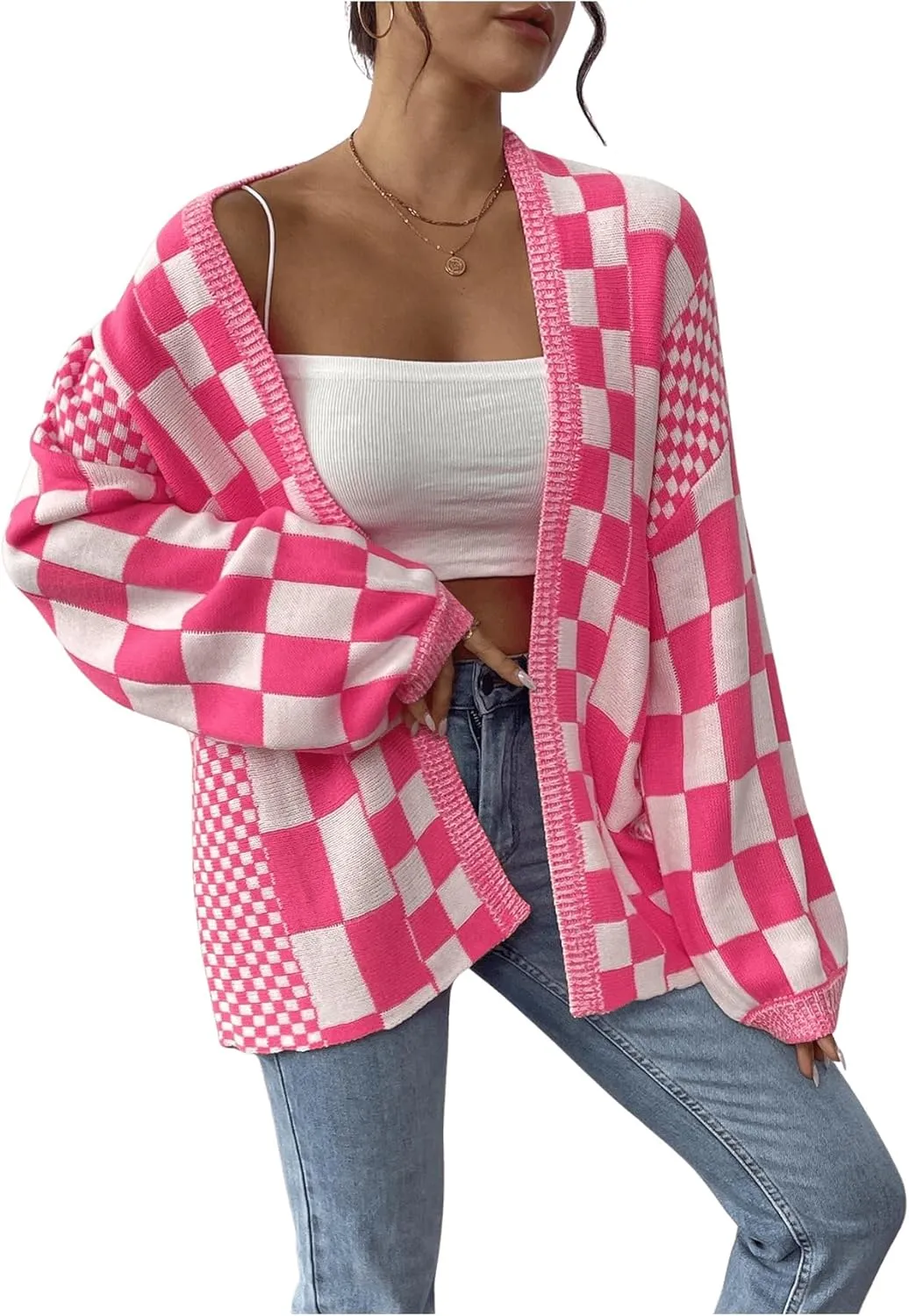 GORGLITTER Women's Checkered Oversized Cardigan Sweater Long Sleeve Open Front Knit Cardigans Outwear