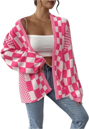 GORGLITTER Women's Checkered Oversized Cardigan Sweater Long Sleeve Open Front Knit Cardigans Outwear