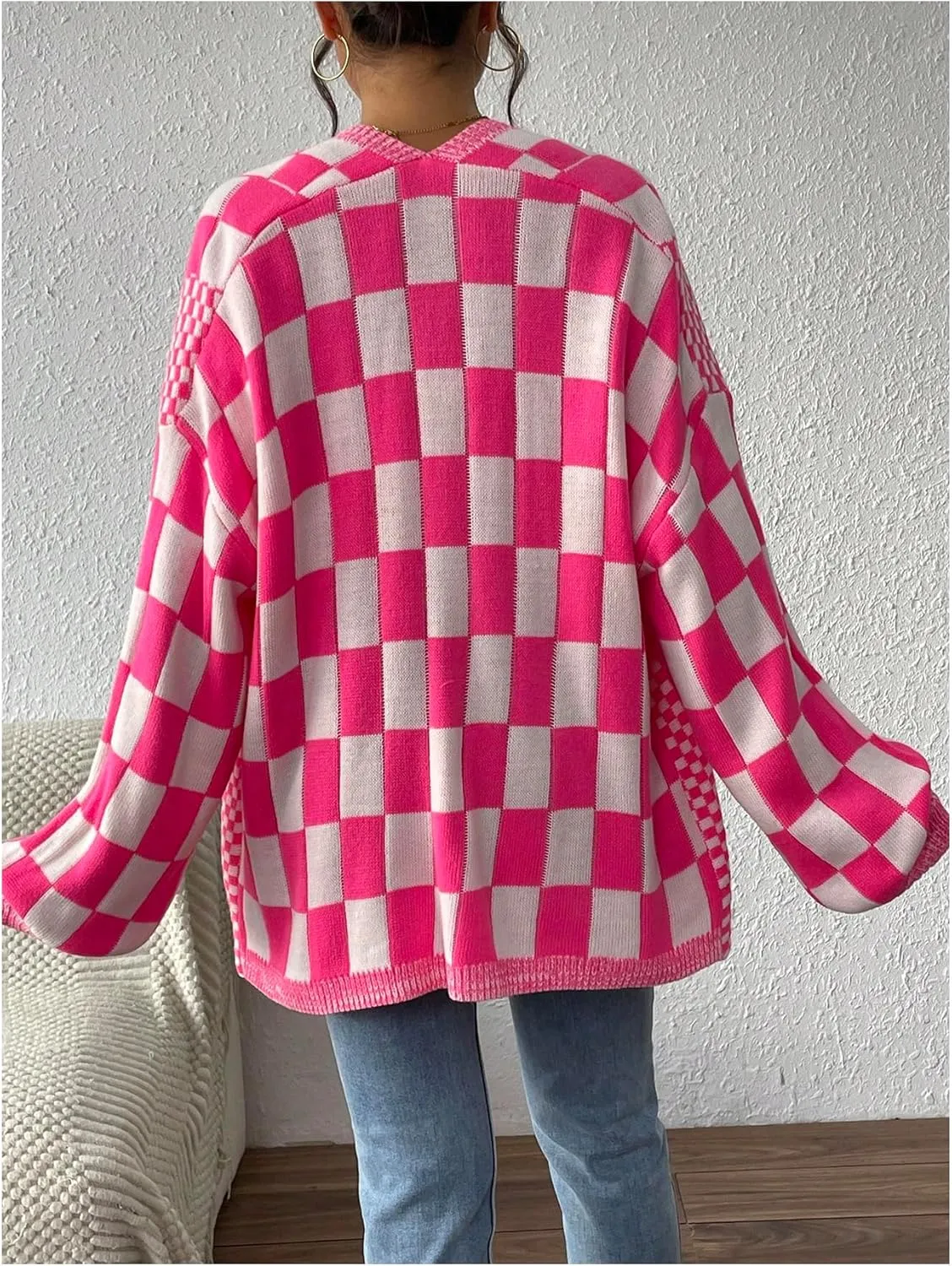 GORGLITTER Women's Checkered Oversized Cardigan Sweater Long Sleeve Open Front Knit Cardigans Outwear