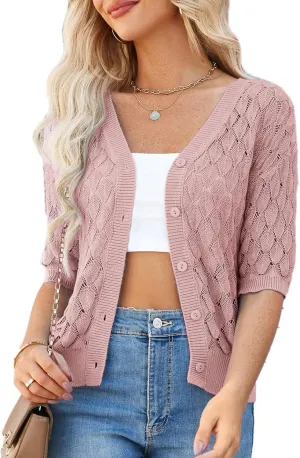 GRACE KARIN Women's Summer Short Sleeve Cropped Cardigan Sweaters Crochet Knit Shrug Open Front V-Neck Button up Tops
