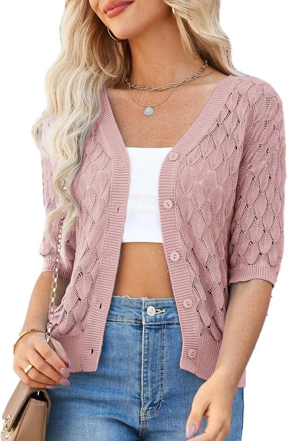 GRACE KARIN Women's Summer Short Sleeve Cropped Cardigan Sweaters Crochet Knit Shrug Open Front V-Neck Button up Tops