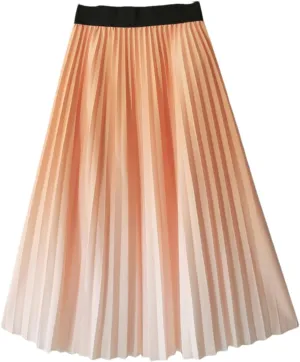 Gradient Long Pleated Skirt Women Spring Summer Vintage A Line High Waist Midi Skirt
