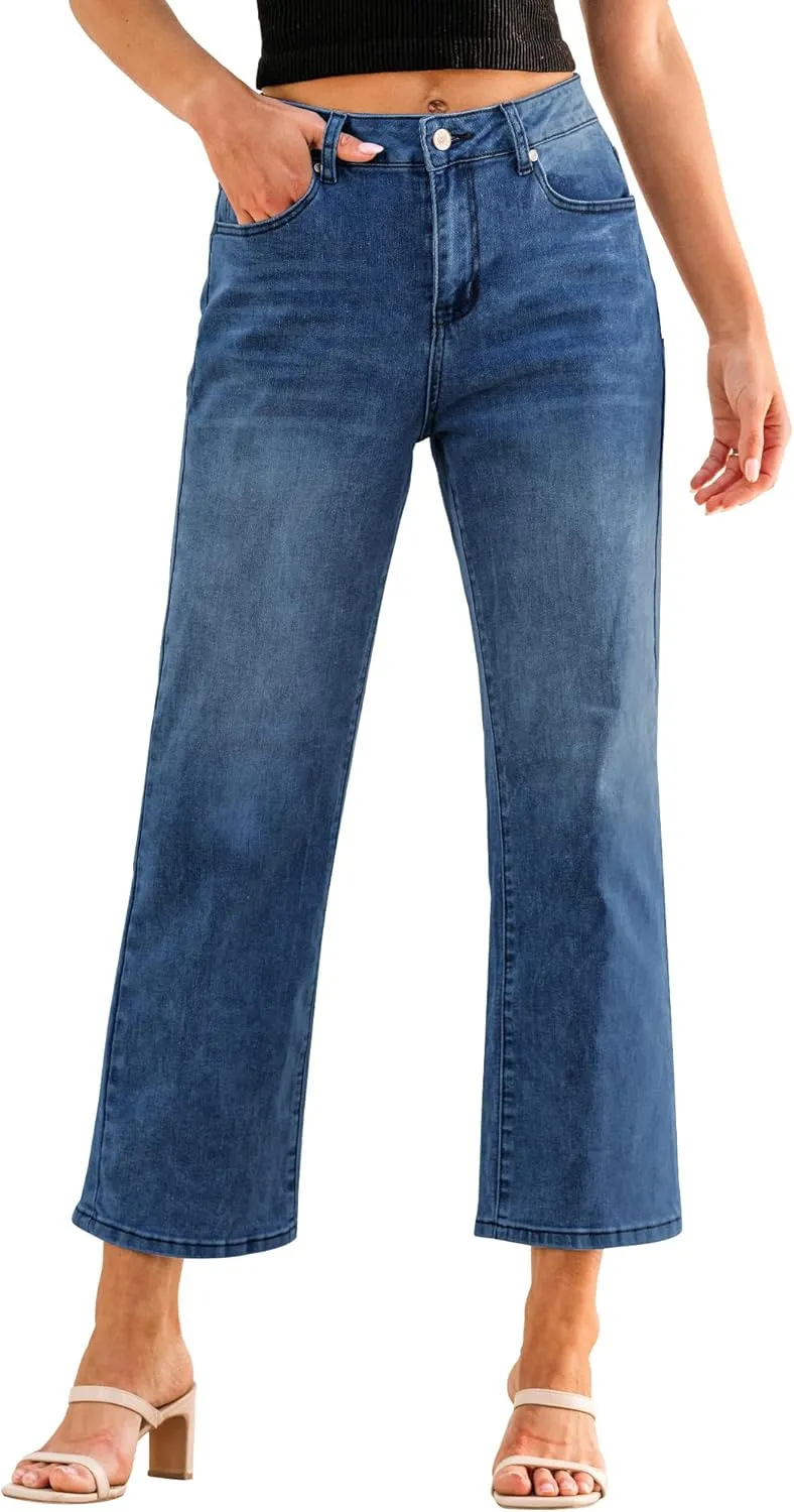 GRAPENT Jeans for Women Trendy High Waisted Baggy Straight Leg Stretchy Denim Ankle Pants Cropped Jeans with Pockets