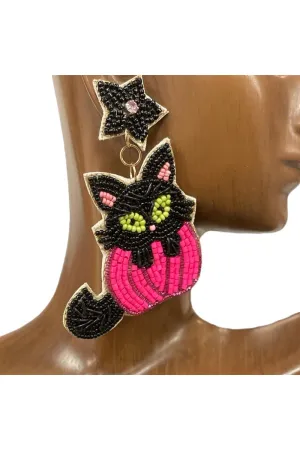 Halloween Black Cat Pink Pumpkin Dangle Seed Bead Earrings&nbsp;