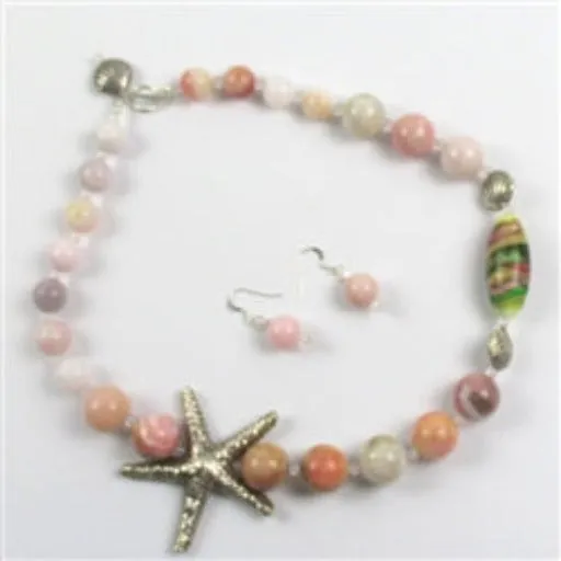 Handmade Necklace in Whimsical Pink Opal and Silver & Earrings