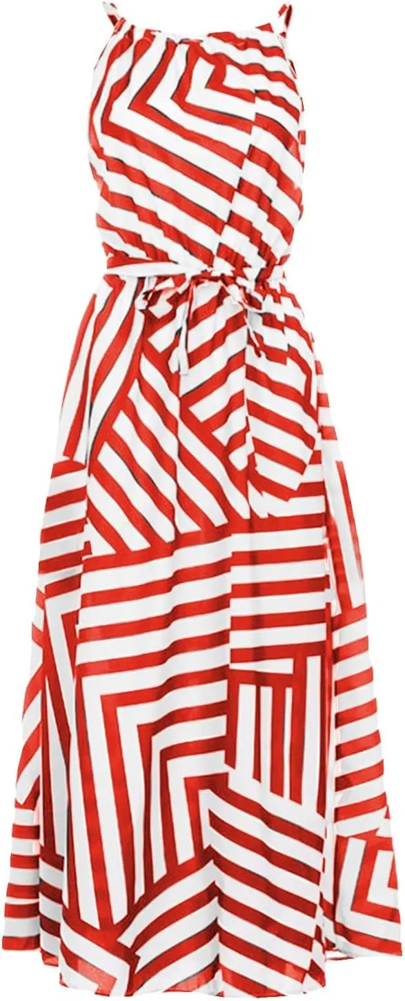 HGps8w Flowy Halter Dresses for Women Striped Sundress Summer Sleeveless Ruffle A Line Beach Vacation Maxi Dress