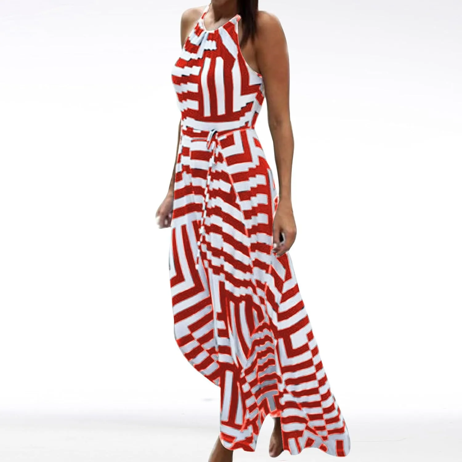 HGps8w Flowy Halter Dresses for Women Striped Sundress Summer Sleeveless Ruffle A Line Beach Vacation Maxi Dress
