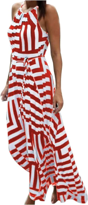 HGps8w Flowy Halter Dresses for Women Striped Sundress Summer Sleeveless Ruffle A Line Beach Vacation Maxi Dress