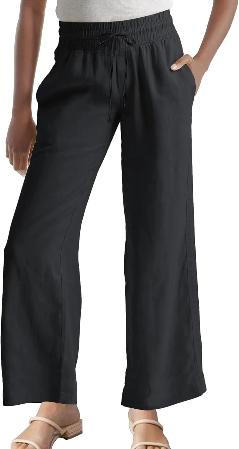 Hixiaohe Women Linen Pant High Waisted Wide Leg Palazzo Trousers Loose Flowy Pants Beach Travel Vacation Outfits with Pockets