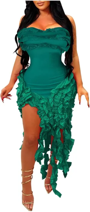 hlysgo Womens Ruffle Fringe Mini Dress Sexy Off Shoulder Cocktail Party Club Bodycon Tassel Dresses Sexy Y2k Dress