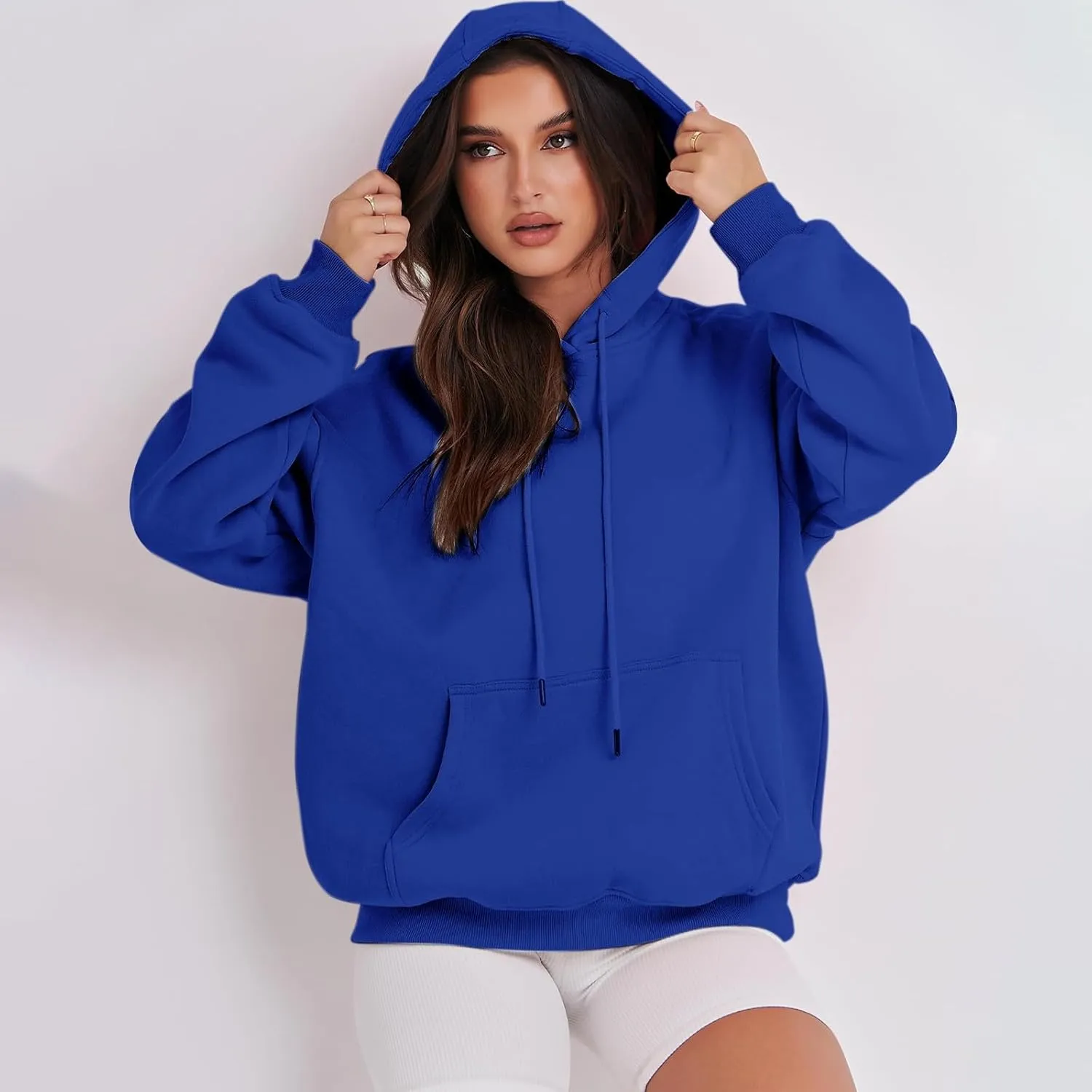 Hoodies for Women Oversized Solid Color Long Sleeve Hooded Sweater Basic Pullover Sweatshirts with Pocket