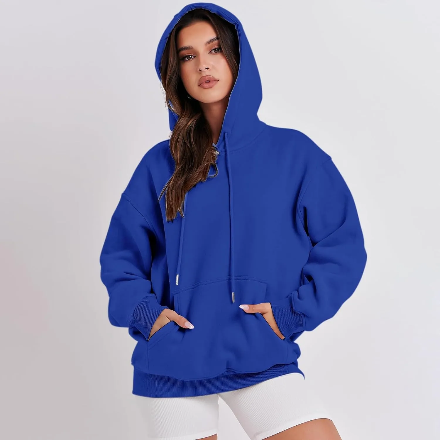 Hoodies for Women Oversized Solid Color Long Sleeve Hooded Sweater Basic Pullover Sweatshirts with Pocket